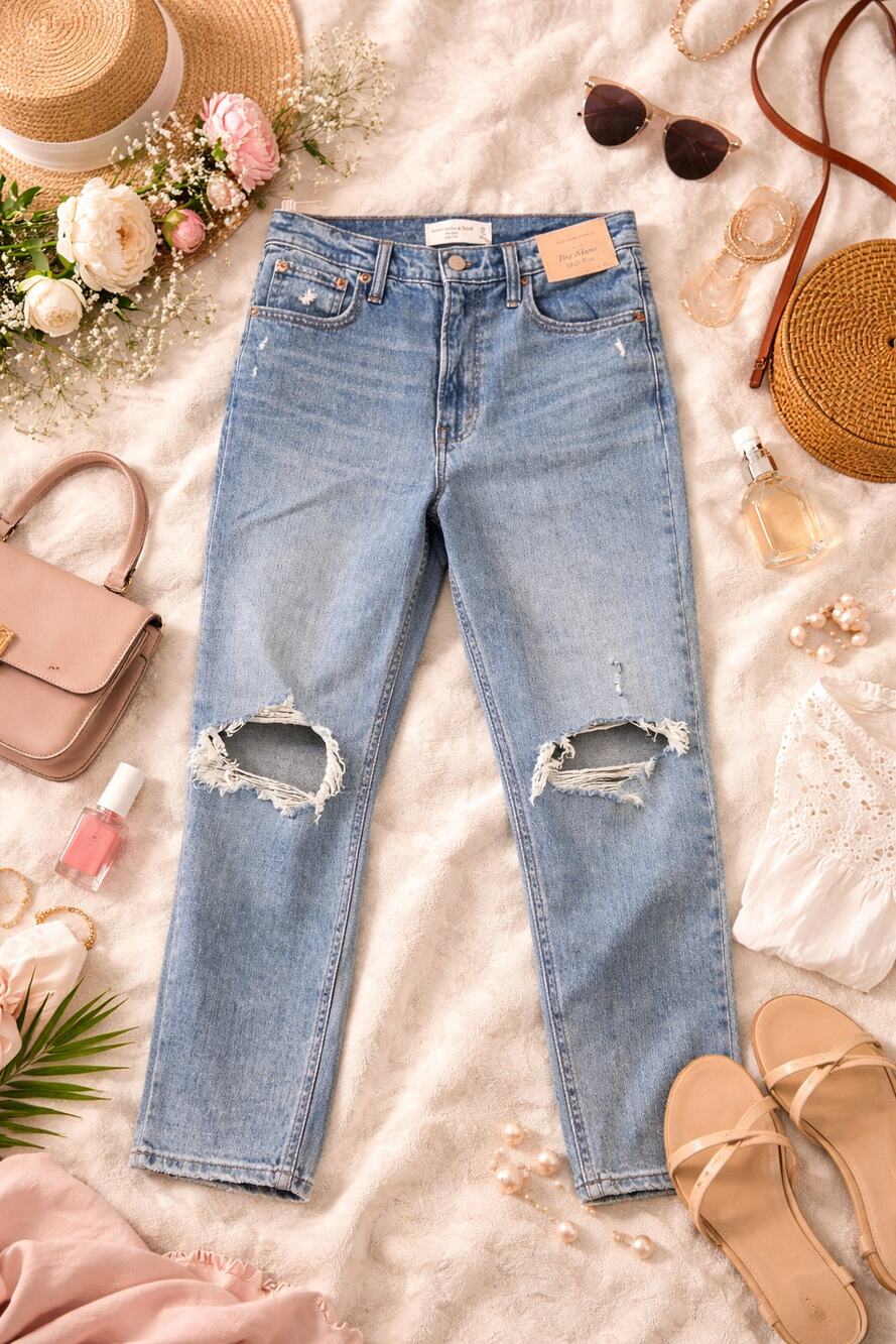 NWT Abercrombie & Fitch Women's High Rise Mom Jeans Tapered Leg Distressed 25 XS